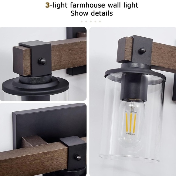 Farmhouse Vanity 3-Light Bathroom Wood Wall Light Over Mirror Clear Glass Shade - Picture 4 of 10